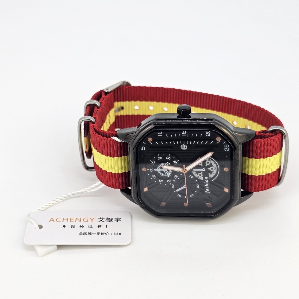 Men's Watch 42MM Black Dial Date Indicator Red Yellow Canvas Bands New Battery